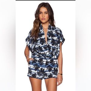 L'AGENCE Blue, Black & White Tropical Print Romper XS